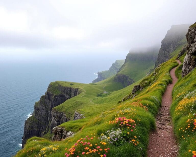 Trilhas ao longo das falésias dramáticas na Irlanda