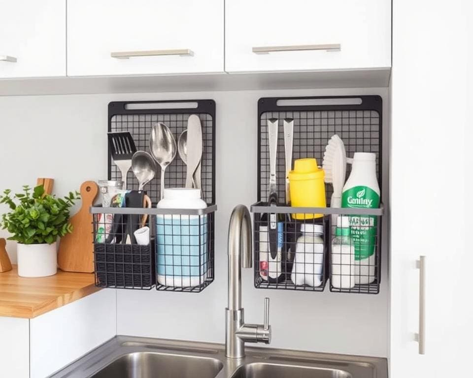 Como otimizar a área da pia com organizadores suspensos